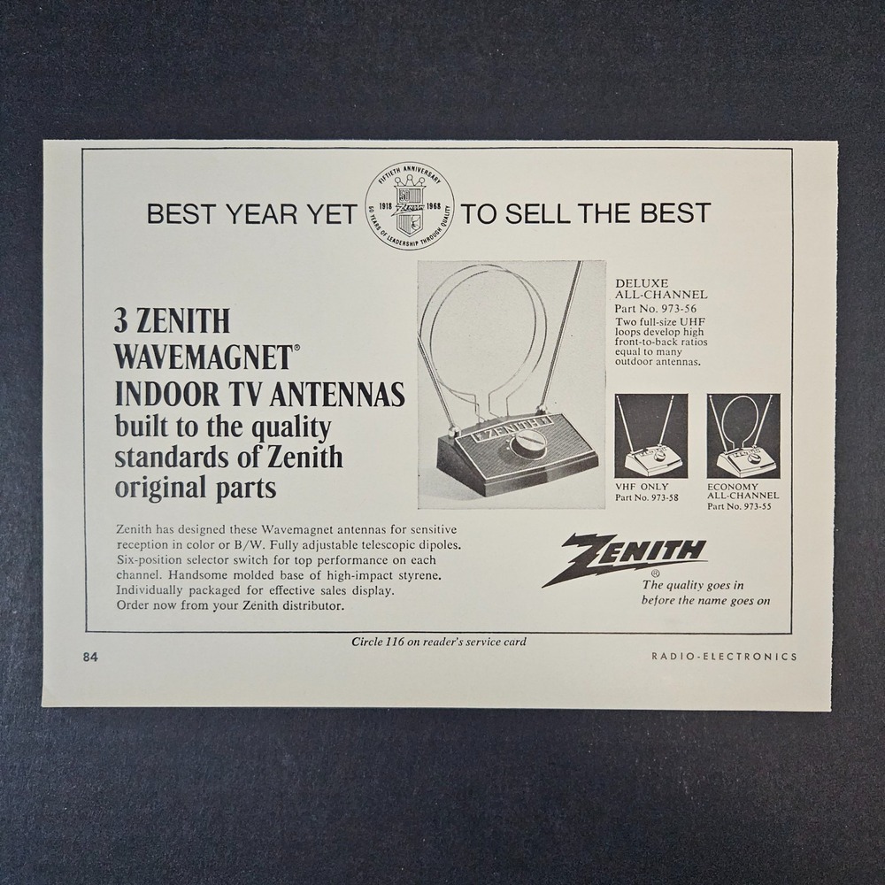 1968 Zenith Wavemagnet Indoor TV Antennas All Channel VHF Vintage Print Ad Shop‎